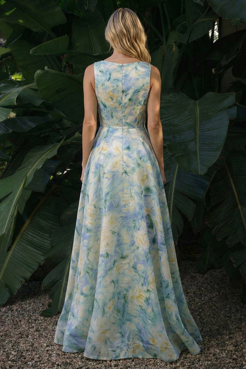 Load image into Gallery viewer, Floral Light Green A Line Boat Neck Long Formal Dress