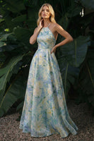 Load image into Gallery viewer, Light Green Floral Long Halter A Line Backless Formal Dress