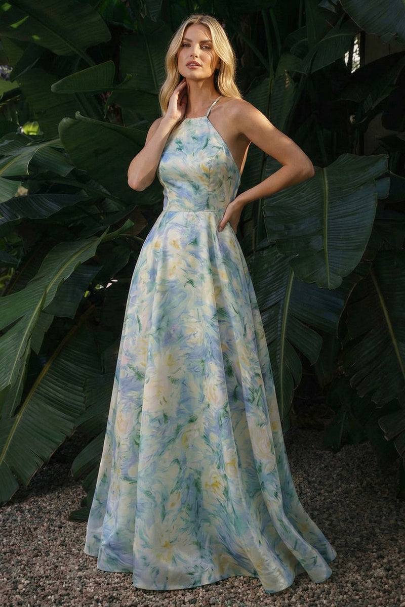 Load image into Gallery viewer, Light Green Floral Long Halter A Line Backless Formal Dress