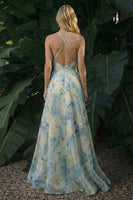 Load image into Gallery viewer, Light Green Floral Long Halter A Line Backless Formal Dress