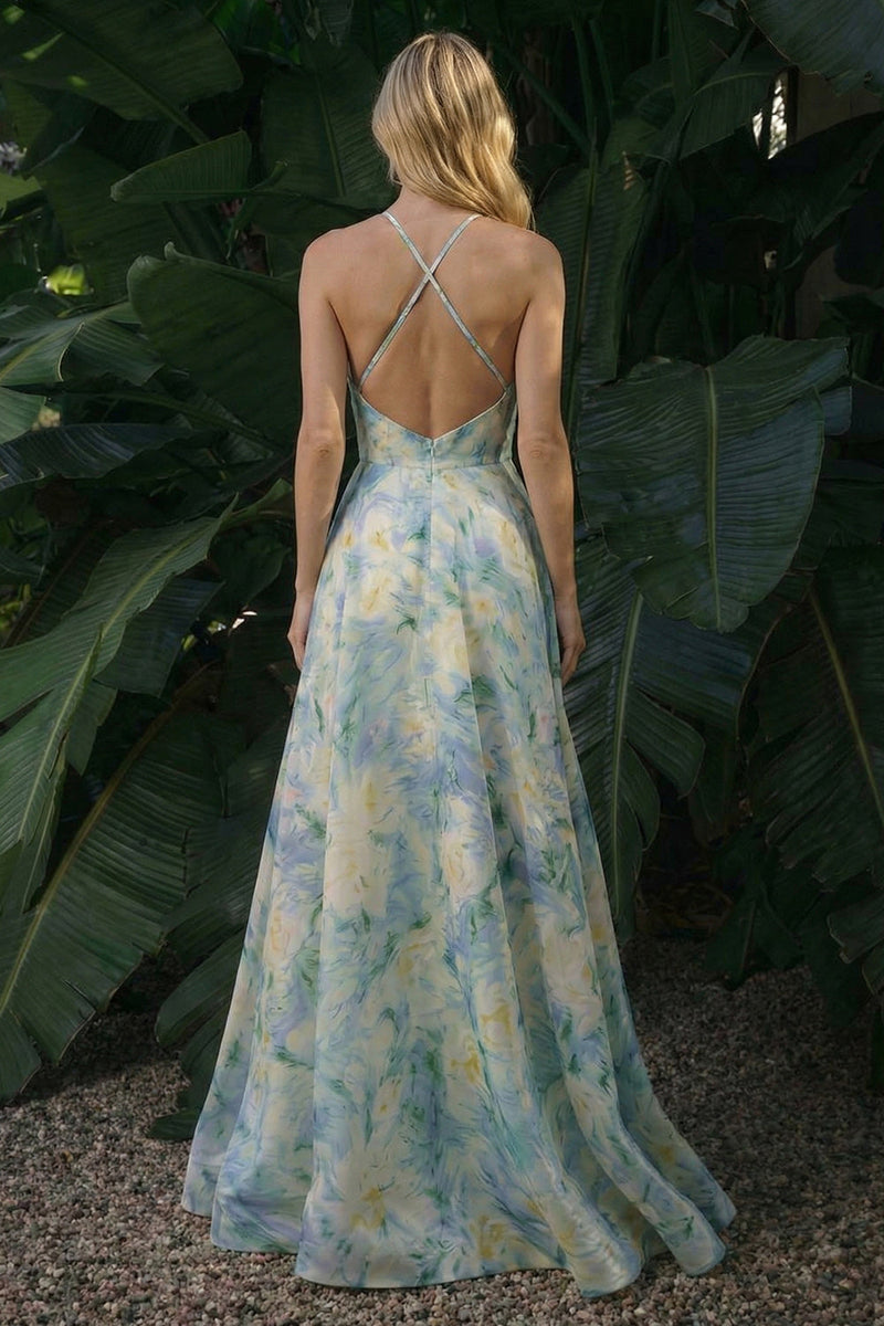 Load image into Gallery viewer, Light Green Floral Long Halter A Line Backless Formal Dress