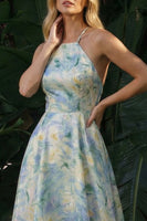 Load image into Gallery viewer, Light Green Floral Long Halter A Line Backless Formal Dress