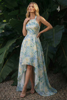 Load image into Gallery viewer, Light Green Floral A Line High-Low Formal Dress