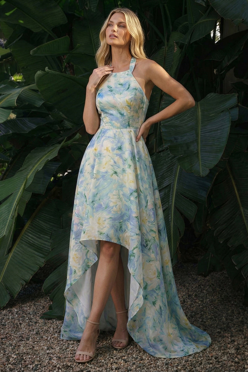 Load image into Gallery viewer, Light Green Floral A Line High-Low Formal Dress