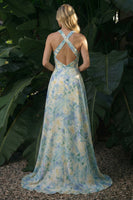 Load image into Gallery viewer, Light Green Floral A Line High-Low Formal Dress