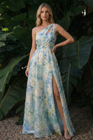 Load image into Gallery viewer, Light Green A Line Floral Cut Out Long Formal Dress with Slit