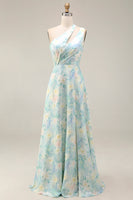 Load image into Gallery viewer, Light Green A Line Floral Cut Out Long Formal Dress with Slit