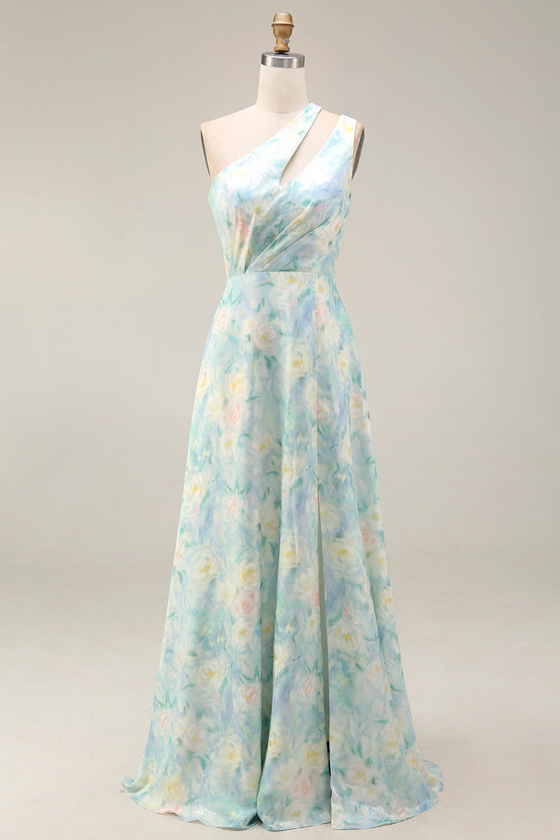 Load image into Gallery viewer, Light Green A Line Floral Cut Out Long Formal Dress with Slit