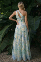 Load image into Gallery viewer, Light Green A Line Floral Cut Out Long Formal Dress with Slit