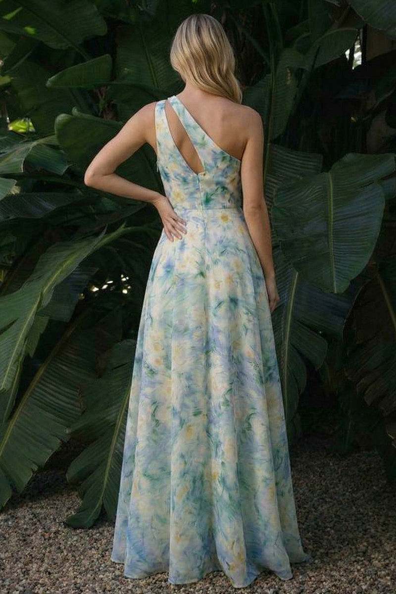 Load image into Gallery viewer, Light Green A Line Floral Cut Out Long Formal Dress with Slit