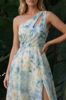 Load image into Gallery viewer, Light Green A Line Floral Cut Out Long Formal Dress with Slit