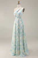 Load image into Gallery viewer, Light Green A Line Floral Cut Out Long Formal Dress with Slit