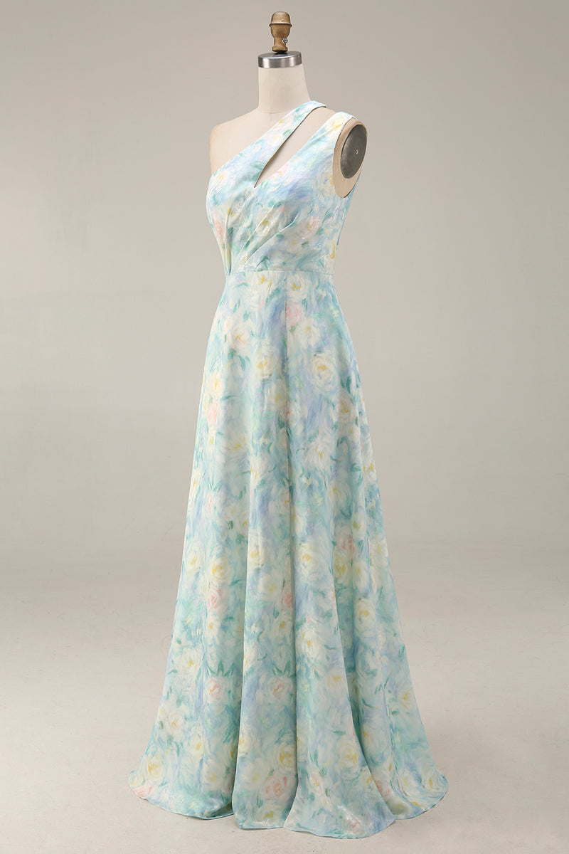 Load image into Gallery viewer, Light Green A Line Floral Cut Out Long Formal Dress with Slit