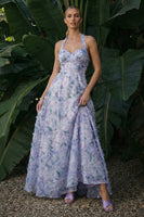 Load image into Gallery viewer, Light Purple Floral A Line Long Halter Formal Dress