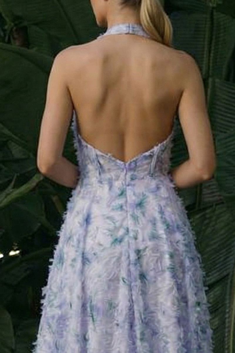 Load image into Gallery viewer, Light Purple Floral A Line Long Halter Formal Dress