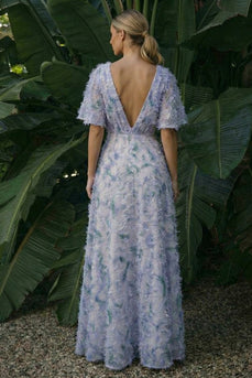 Light Purple Floral V-Neck Long A Line Formal Dress