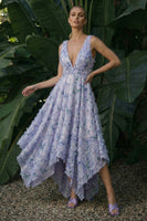 Load image into Gallery viewer, Light Purple Floral A Line V-Neck Asymmetrical Formal Dress
