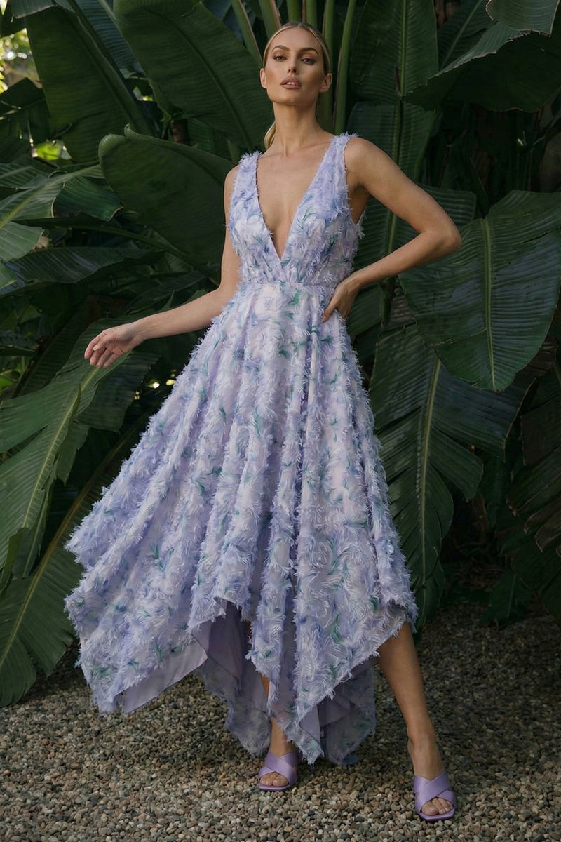 Load image into Gallery viewer, Light Purple Floral A Line V-Neck Asymmetrical Formal Dress