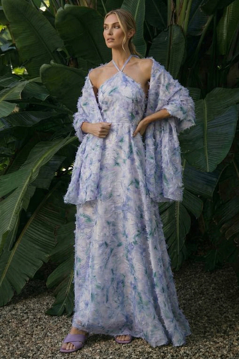 Load image into Gallery viewer, Light Purple Floral Long A Line Halter Formal Dress