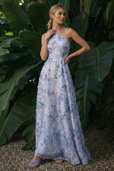 Light Purple Floral Long A Line Halter Formal Dress