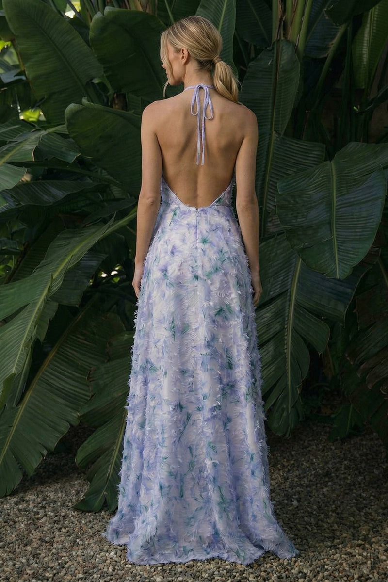 Load image into Gallery viewer, Light Purple Floral Long A Line Halter Formal Dress