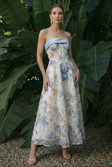 Light Blue Maxi A Line Floral Formal Dress with Bows