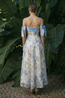 Light Blue Maxi A Line Floral Formal Dress with Bows