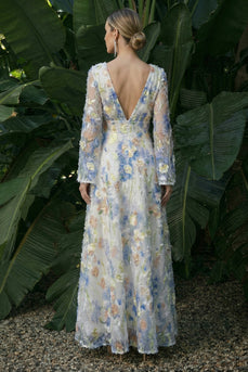 Light Blue A Line Floral Maxi V-Neck Formal Dress