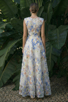 Floral Light Blue Maxi A Line Formal Dress