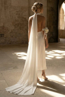 White Sheath Neck Scarf Maxi Beach Wedding Dress
