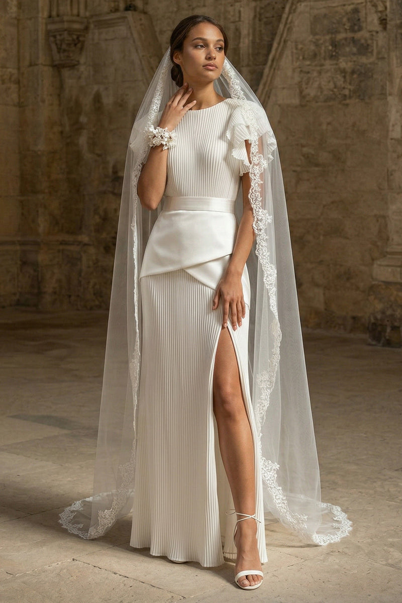 Load image into Gallery viewer, Sheath Maxi White Pleated Round Neck Beach Wedding Dress with Ruffles