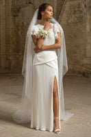 Load image into Gallery viewer, Sheath Maxi White Pleated Round Neck Beach Wedding Dress with Ruffles