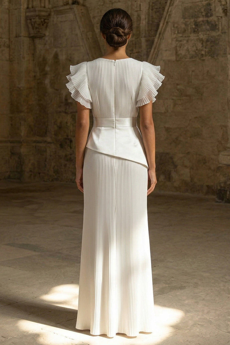 Load image into Gallery viewer, Sheath Maxi White Pleated Round Neck Beach Wedding Dress with Ruffles