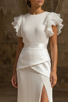 Load image into Gallery viewer, Sheath Maxi White Pleated Round Neck Beach Wedding Dress with Ruffles