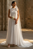 Load image into Gallery viewer, White Sweep Train A Line Beach Wedding Dress with Lace