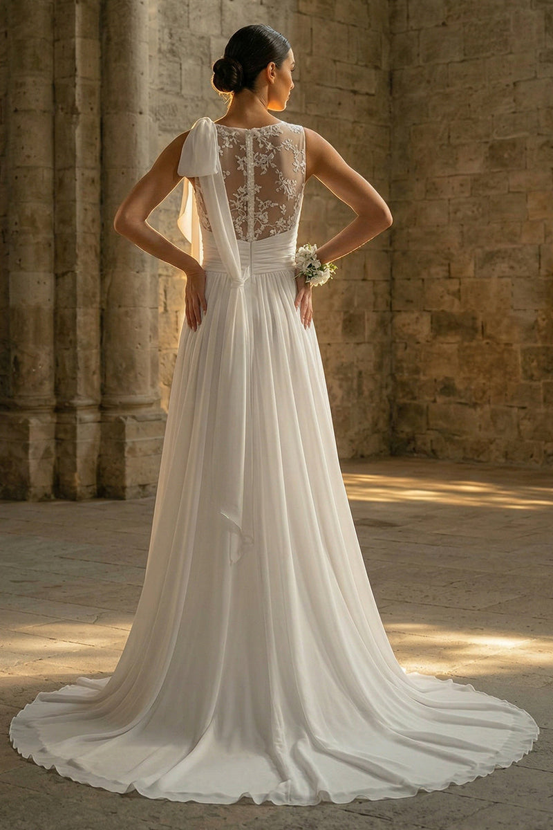 Load image into Gallery viewer, White Sweep Train A Line Beach Wedding Dress with Lace