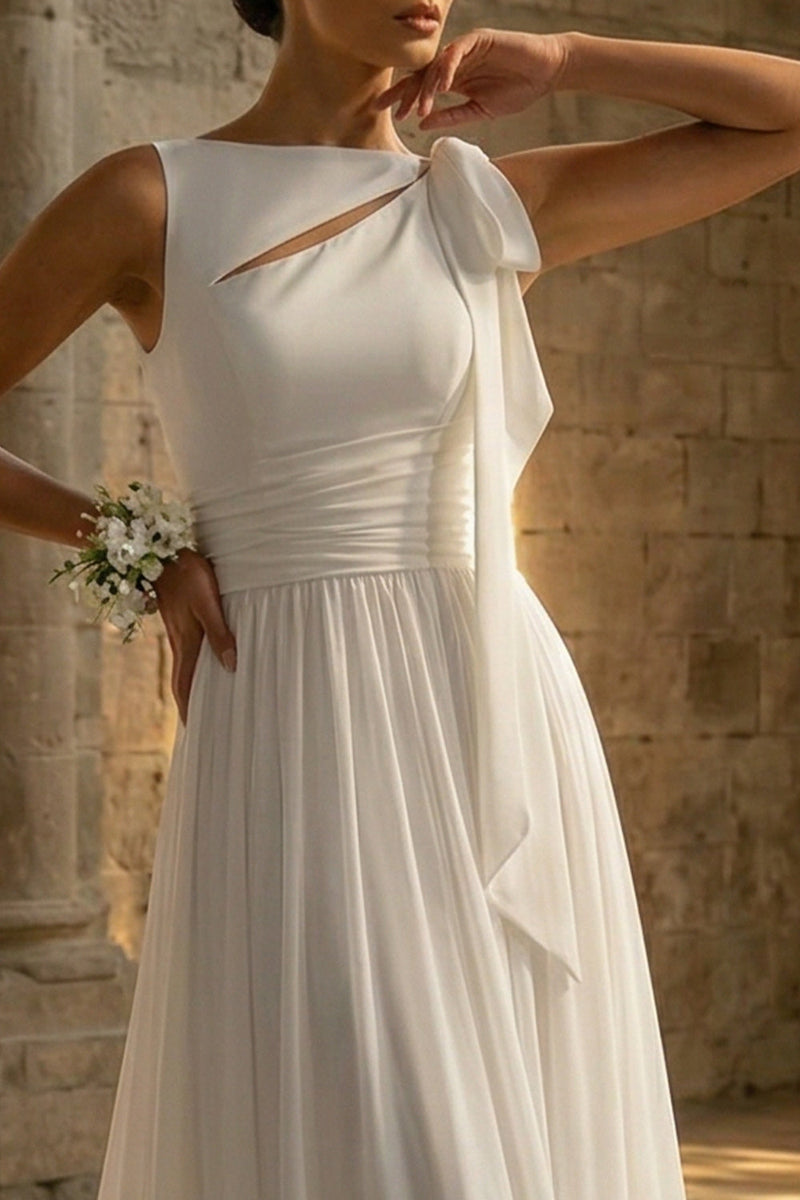 Load image into Gallery viewer, White Sweep Train A Line Beach Wedding Dress with Lace