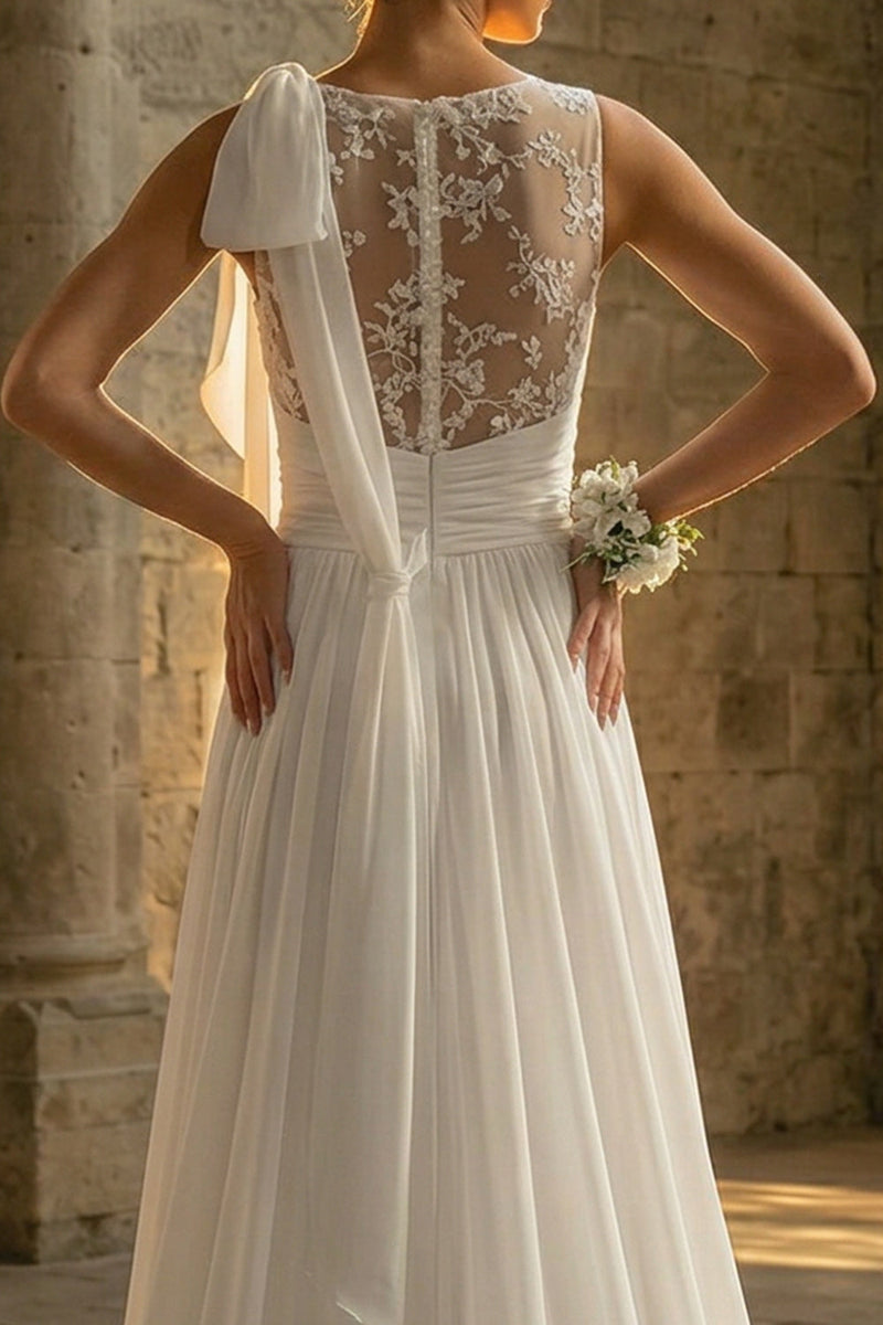 Load image into Gallery viewer, White Sweep Train A Line Beach Wedding Dress with Lace