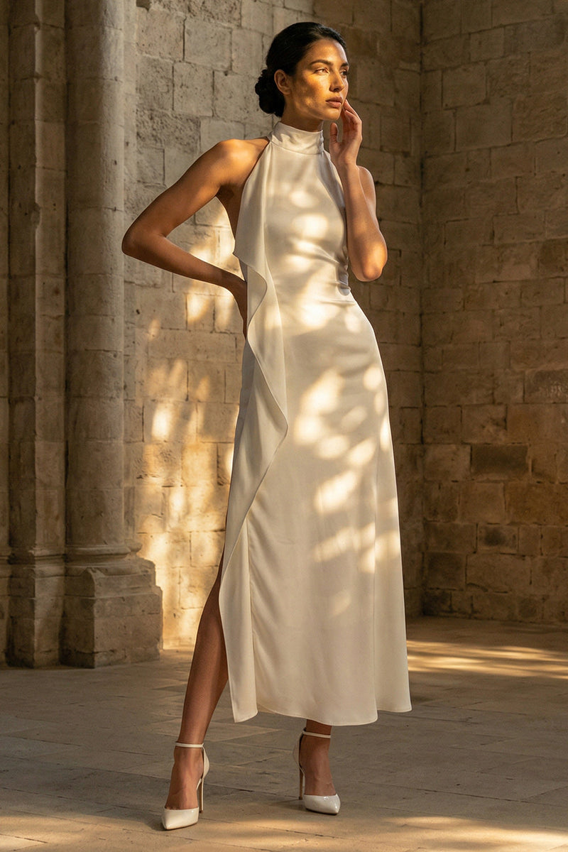 Load image into Gallery viewer, White Sheath High Neck Maxi Beach Wedding Dress