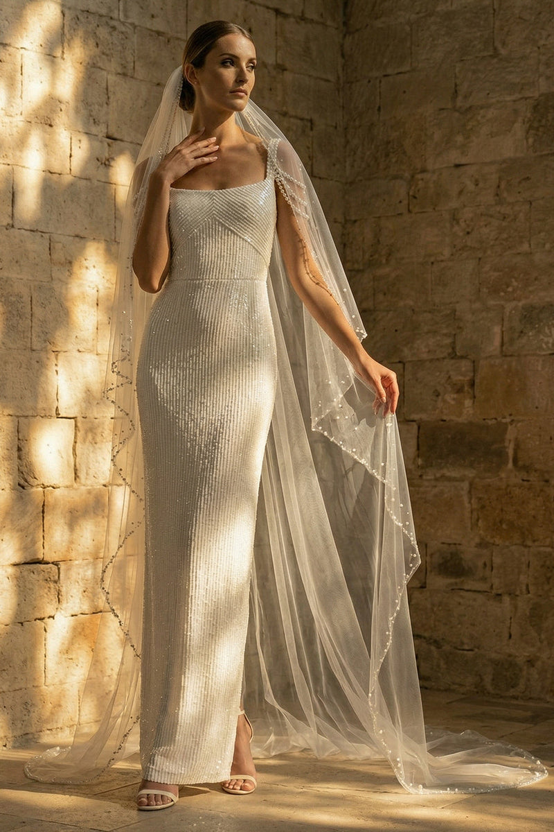 Load image into Gallery viewer, Sparkly White Beaded Sequins Sheath Maxi Wedding Dress
