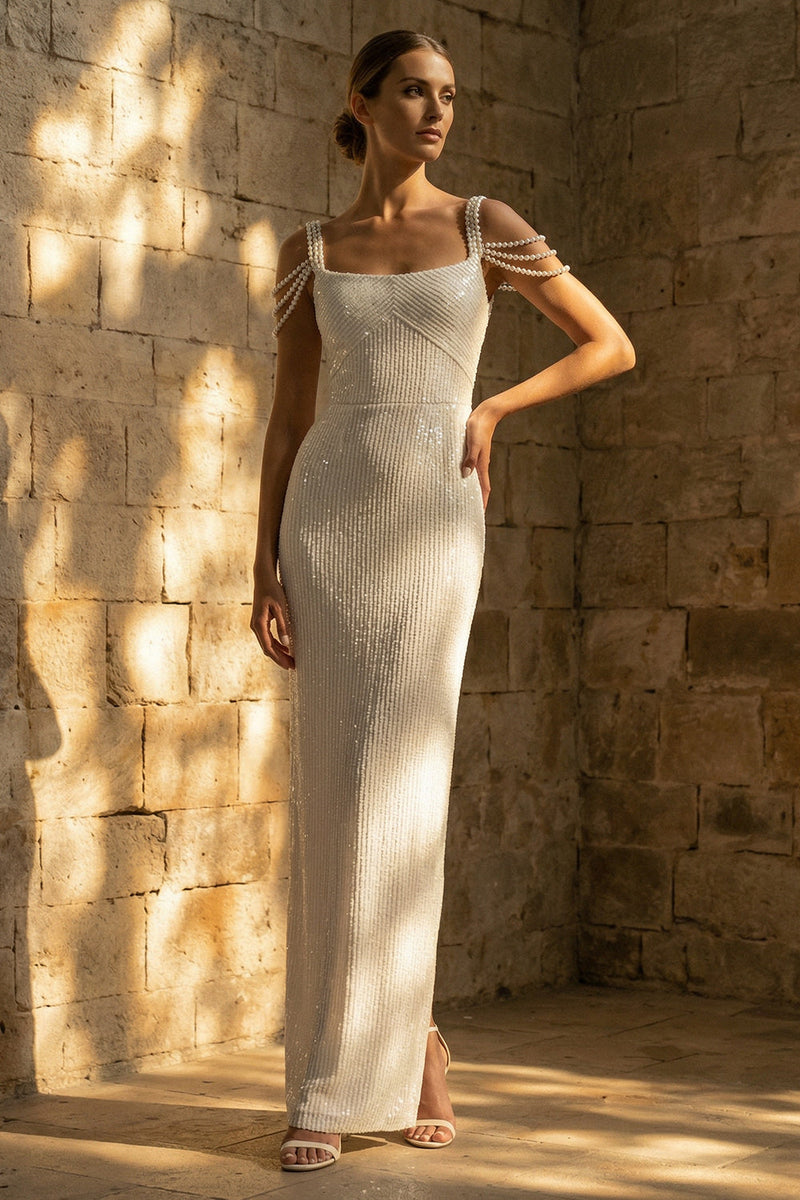 Load image into Gallery viewer, Sparkly White Beaded Sequins Sheath Maxi Wedding Dress