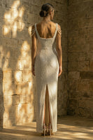 Load image into Gallery viewer, Sparkly White Beaded Sequins Sheath Maxi Wedding Dress