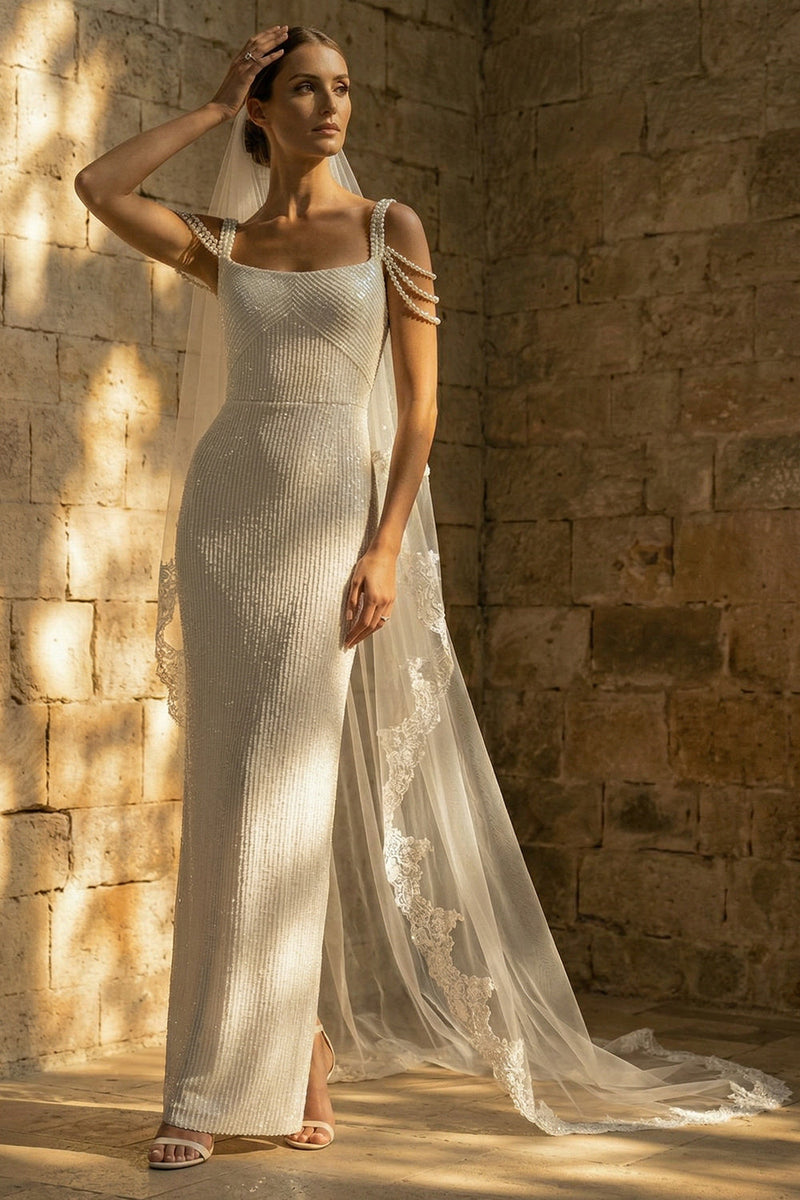 Load image into Gallery viewer, Sparkly White Beaded Sequins Sheath Maxi Wedding Dress
