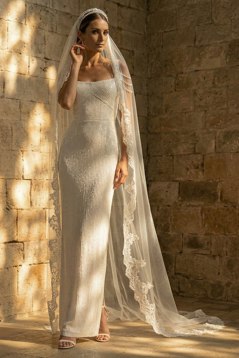 Load image into Gallery viewer, Sparkly White Beaded Sequins Sheath Maxi Wedding Dress