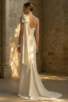 Mermaid Maxi White One Shoulder Beach Wedding Dress with Bow