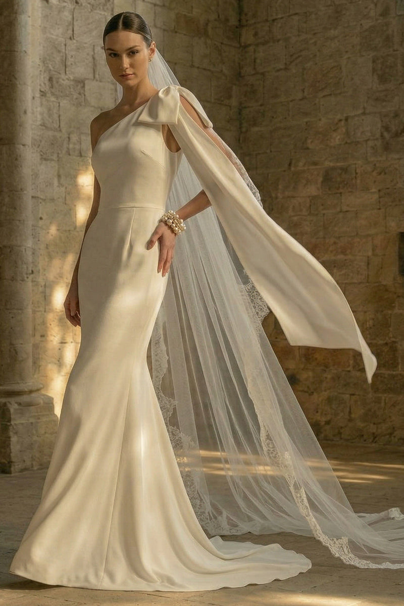Load image into Gallery viewer, Mermaid Maxi White One Shoulder Beach Wedding Dress with Bow