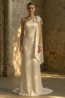 Load image into Gallery viewer, Mermaid Maxi White One Shoulder Beach Wedding Dress with Bow