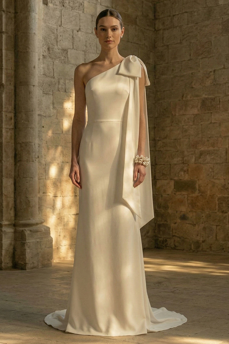 Load image into Gallery viewer, Mermaid Maxi White One Shoulder Beach Wedding Dress with Bow