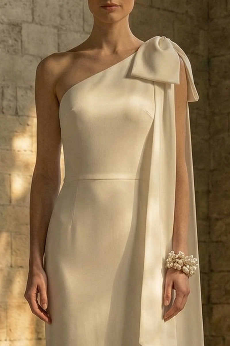 Load image into Gallery viewer, Mermaid Maxi White One Shoulder Beach Wedding Dress with Bow
