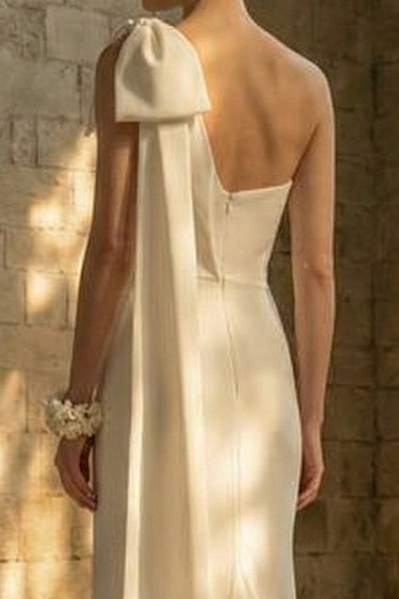 Load image into Gallery viewer, Mermaid Maxi White One Shoulder Beach Wedding Dress with Bow